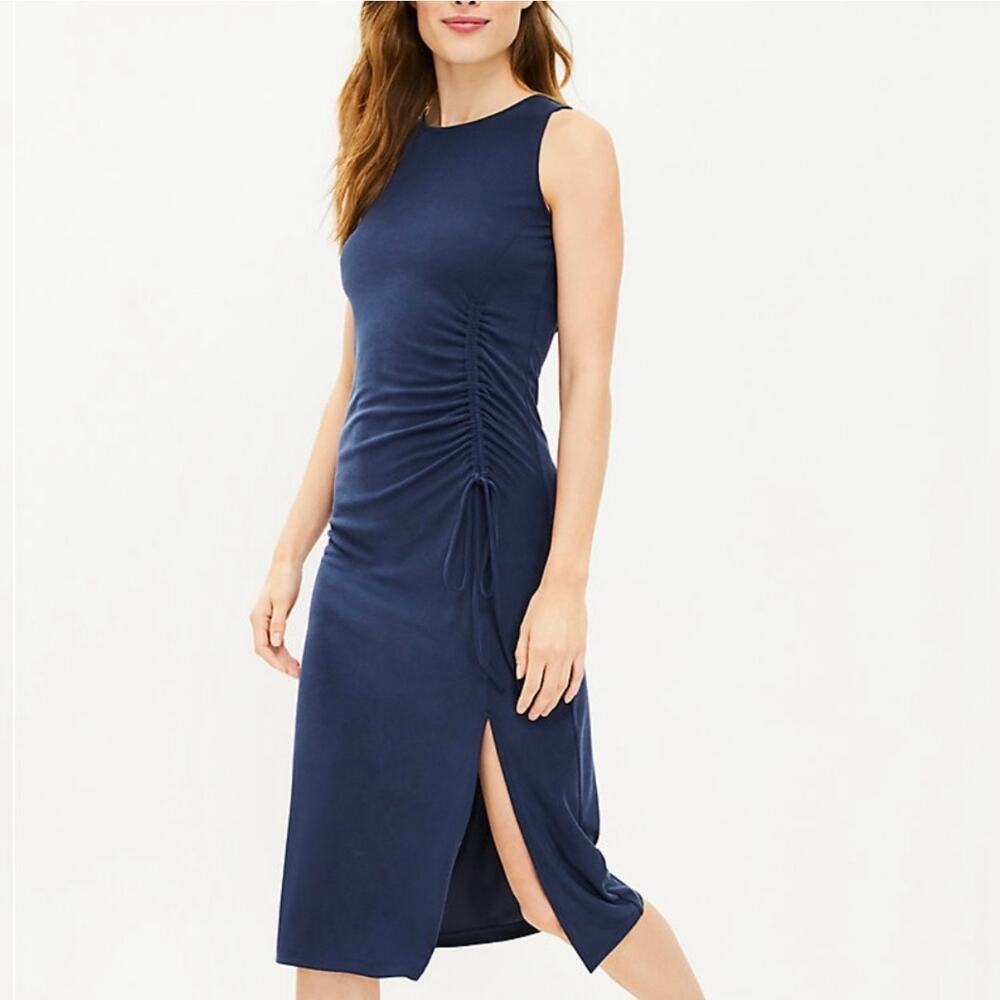 Lou & Grey navy blue cinchable ruched dress side slit
